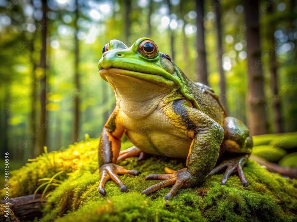 A large green bullfrog stands upright on its hind legs, showcasing its vibrant color and unusual posture in a lush, moss-covered forest environment. A large green bullfrog stands upright on its hind legs, showcasing its vibrant color and unusual posture in a lush, moss-covered forest environment.
