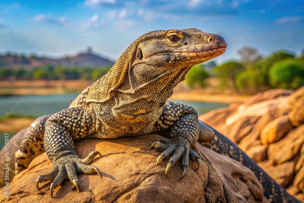 A large, scaly monitor lizard is seen basking in the sun on a rocky terrain in a dry, rural landscape in rural India. A large, scaly monitor lizard is seen basking in the sun on a rocky terrain in a dry, rural landscape in rural India.