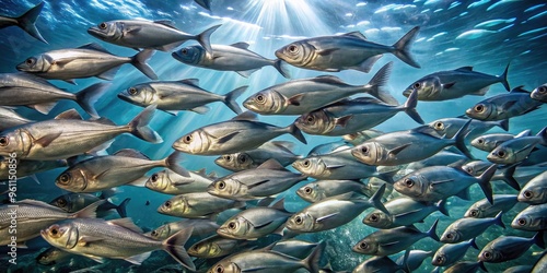 A Large School Of Fish Swimming In A Tight Formation, Their Silvery Scales Shimmering In The Sunlight. photo