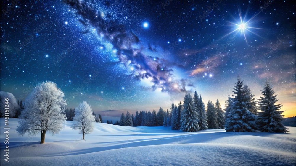 Peaceful winter night scene with snow covered field, trees, and starry sky Peaceful winter night scene with snow covered field, trees, and starry sky