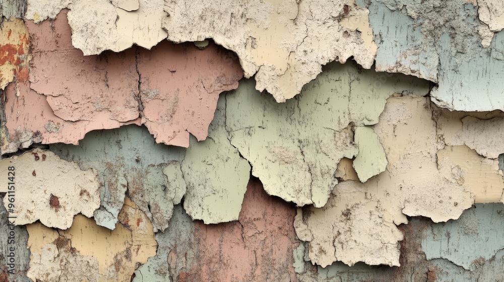 Obraz premium Close-up of old, peeling paint in various pastel colors, showcasing texture and decay. Perfect for backgrounds or urban decay themes.