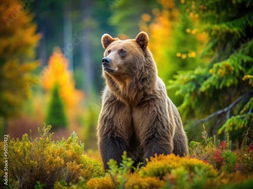 A Majestic Brown Bear Stands Tall Amidst The Serene Beauty Of The Russian Wilderness, Its Thick Fur Contrasting Against The Vibrant Foliage. photo