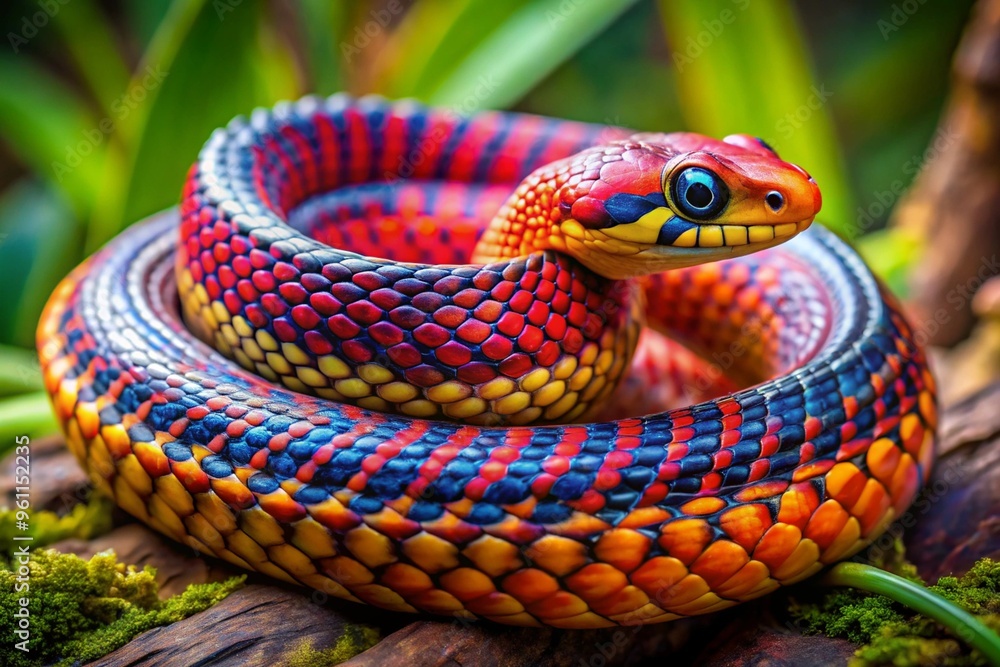 Fototapeta premium A colorful snake with a blue head and red and yellow stripes