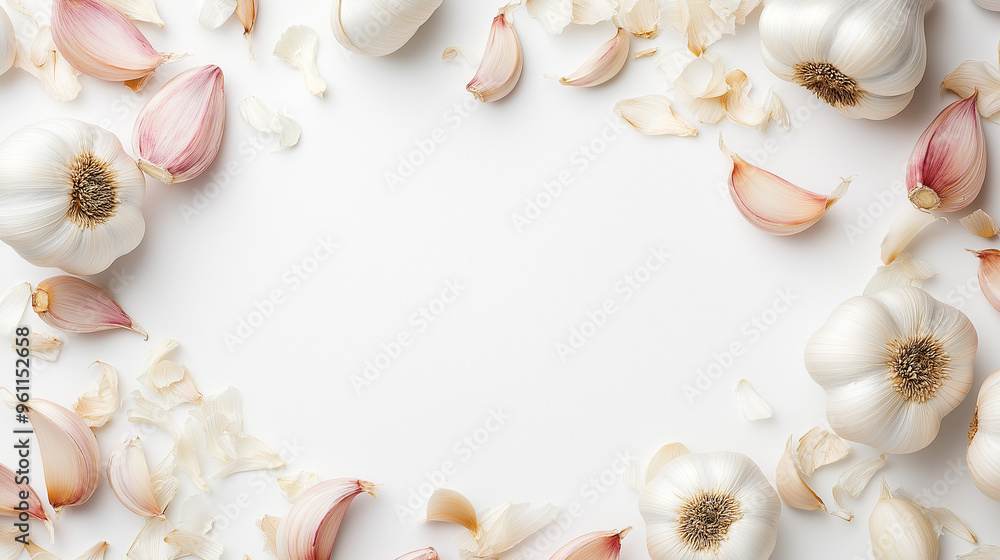 Obraz premium frame of herbs and spices, flat lay with garlic, Garlic, food ingredient, vegetable