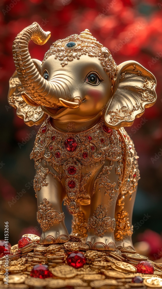 Fototapeta premium Golden elephant statue with trunk standing majestically on a pile of sparkling gold coins and colorful gems, symbolizing fortune, power and prosperity. Feel the prosperity and success.