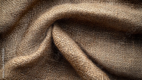 Close-up of textured, folded burlap fabric with intricate woven patterns, showcasing natural fibers and earthy tones perfect for designs and backgrounds.