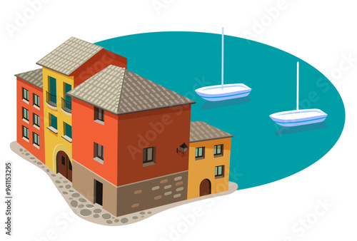 Mediterranean landscape with old town and boats isometric vector illustration.