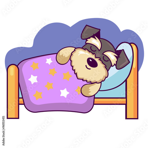 cute schnauzer dog sleeping in bed