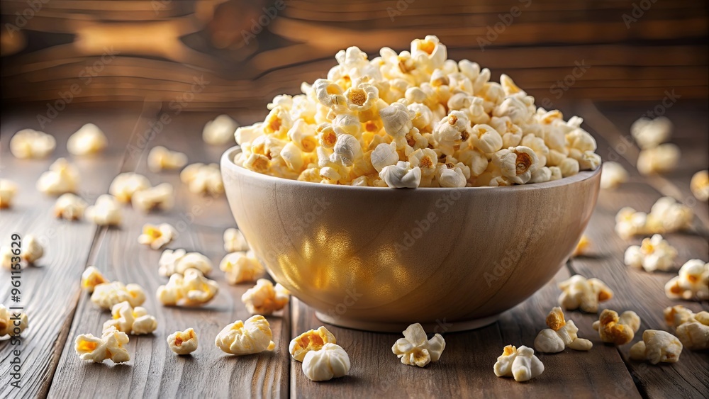 Close up of overflowing bowl of popcorn with scattered kernels Close up of overflowing bowl of popcorn with scattered kernels
