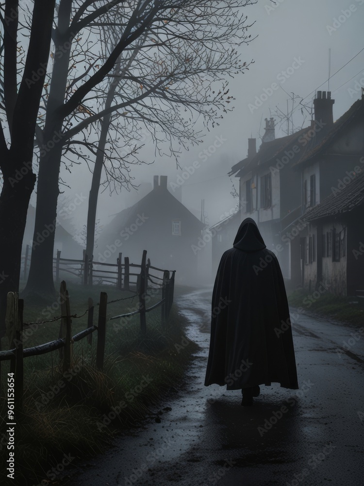 Mysterious Figure in Foggy Village Street Mysterious Figure in Foggy Village Street