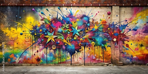 Abstract graffiti wall art, ink drawing with pain splatters, street art style mock up design