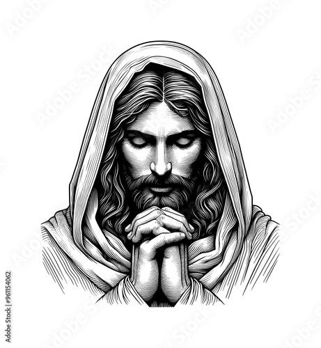 line art sketch drawing- jesus christ praying (artwork 8)