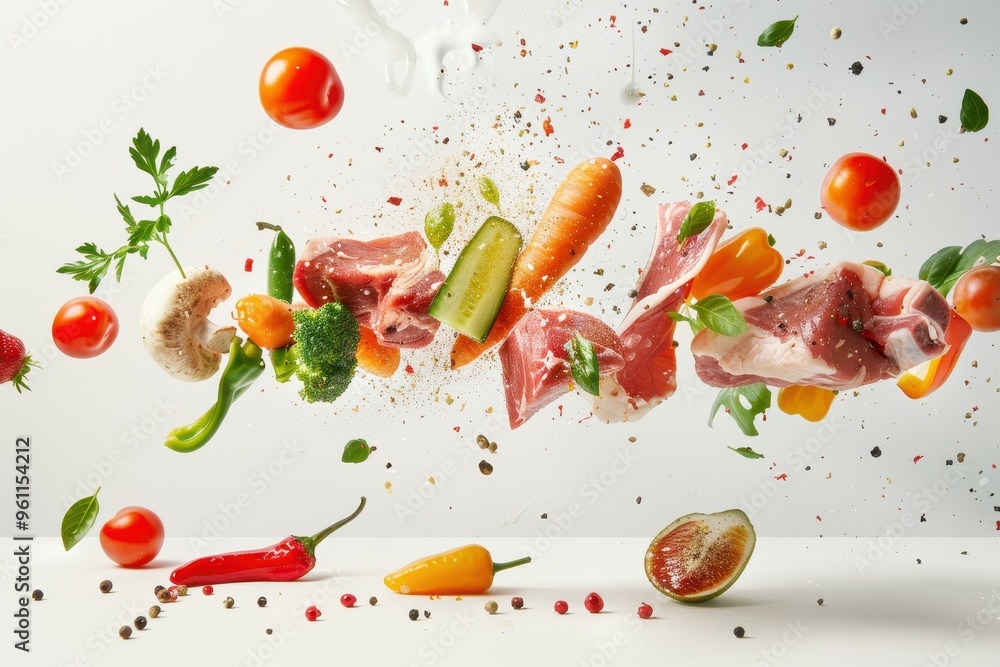 Raw meat and fresh vegetables falling onto the ground Raw meat and fresh vegetables falling onto the ground