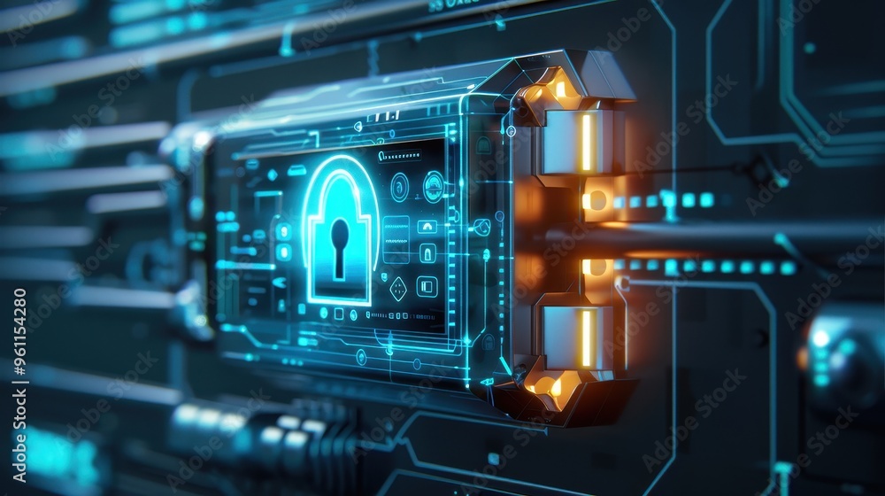 Fototapeta premium Futuristic digital lock with holographic interface, cybersecurity, secure online access