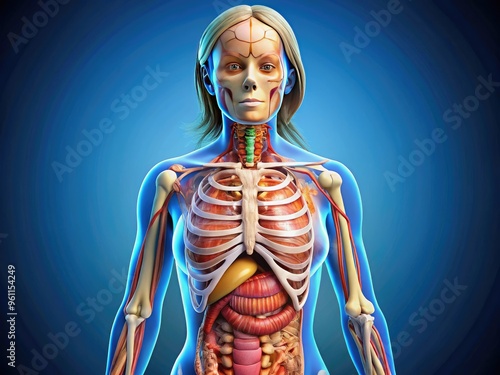 Anatomical Illustration Showing The Internal Organs And Skeletal Structure Of A Human Female Body In Sagittal Section photo