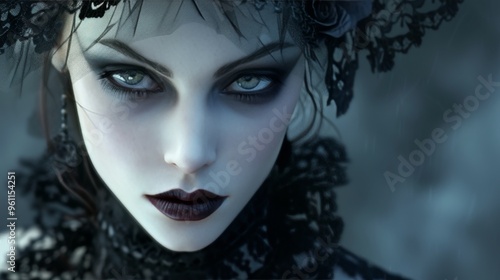 A gothic woman with a piercing gaze is captured in this close-up shot, featuring dark makeup and a lace headdress. The image exudes a mysterious and haunting atmosphere, perfect for themes of gothic photo