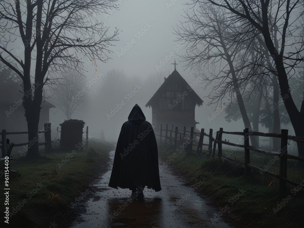 Mysterious Figure in Foggy Village Street Mysterious Figure in Foggy Village Street