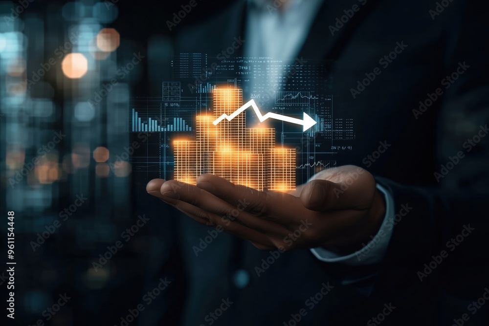 A businessman's hand gently supporting a holographic stack of gold coins, symbolizing financial growth. A businessman's hand gently supporting a holographic stack of gold coins, symbolizing financial growth.