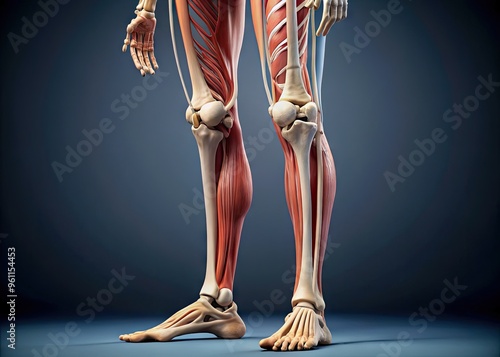 Anatomically Detailed Human Skeletal Leg With Labeled Bones, Muscles, And Ligaments Captured With A Shallow Depth Of Field photo