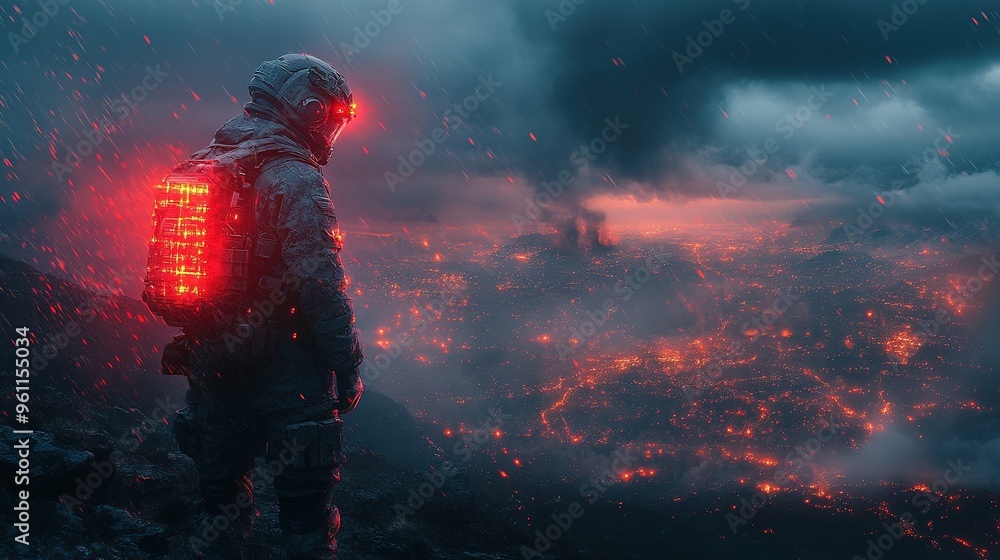 Fototapeta premium A lone futuristic soldier stands on a mountain overlooking a burning landscape.