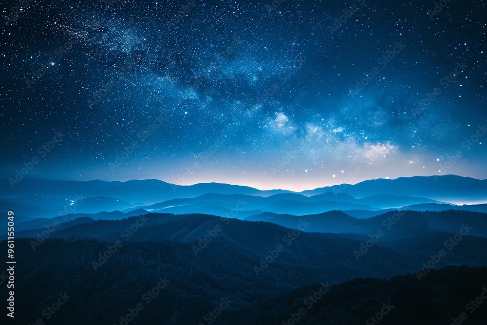 Serene night landscape with a starry sky over misty mountains, creating a tranquil and majestic atmosphere. Serene night landscape with a starry sky over misty mountains, creating a tranquil and majestic atmosphere.