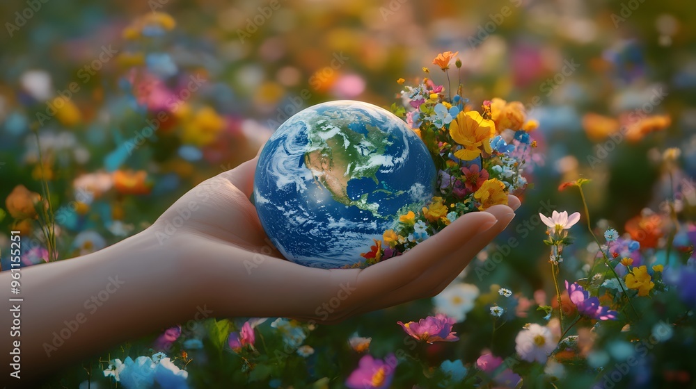 Hand with Earth Surrounded by Flowers: A hand holding the Earth, surrounded by blooming flowers, symbolizing hope and the beauty of our planet.
