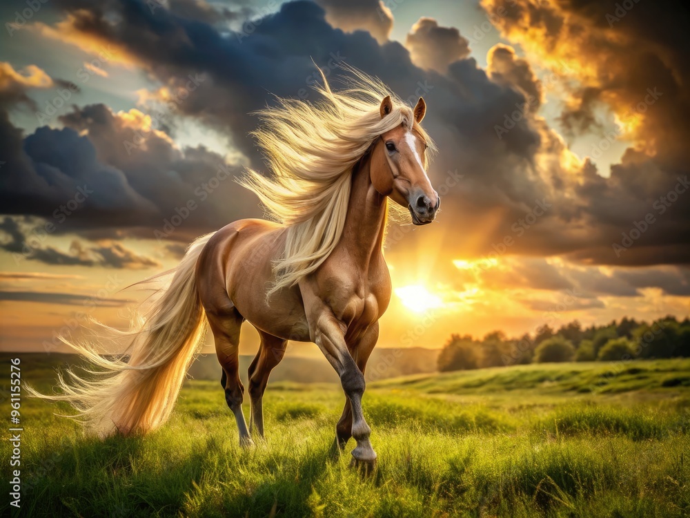 An Elegant Horse Stands Majestically In A Grassy Field, Its Long Mane And Tail Flowing Gently In The Wind, With The Sun Casting A Warm Glow Upon Its Glossy Coat. An Elegant Horse Stands Majestically In A Grassy Field, Its Long Mane And Tail Flowing Gently In The Wind, With The Sun Casting A Warm Glow Upon Its Glossy Coat.
