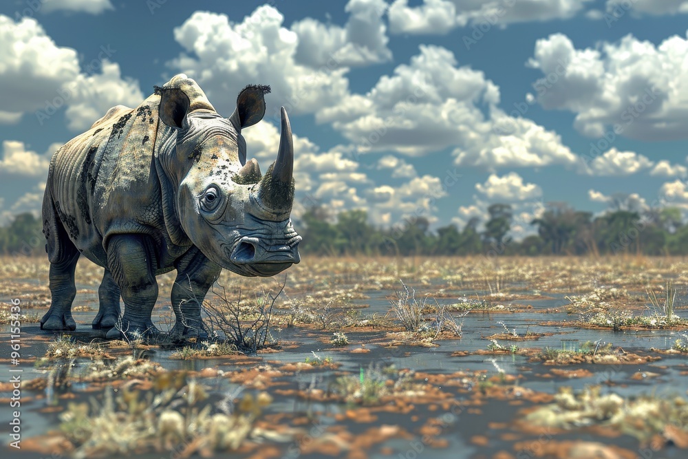 Fototapeta premium A skinny rhino standing on parched ground
