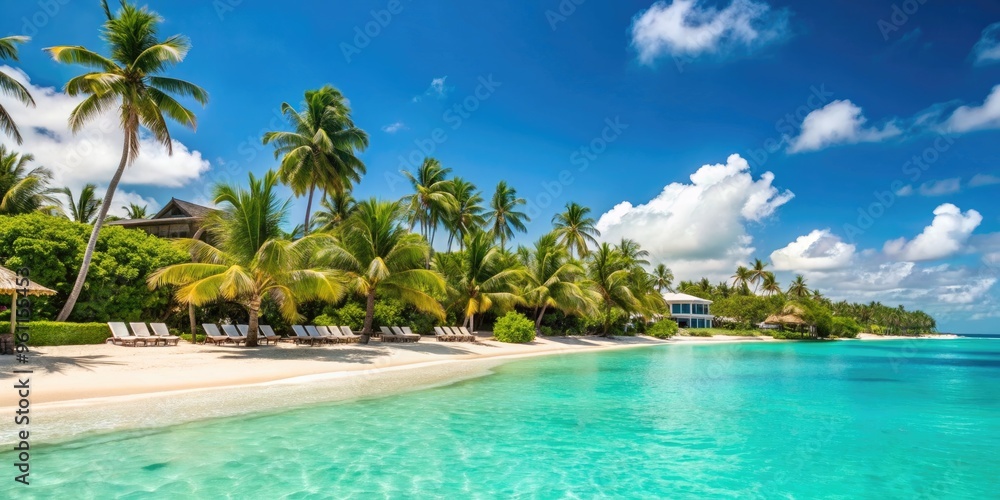 Obraz premium Luxurious beach resort with turquoise waters, palm trees, white sand, and bright blue skies, summer, holiday, vacation, paradise