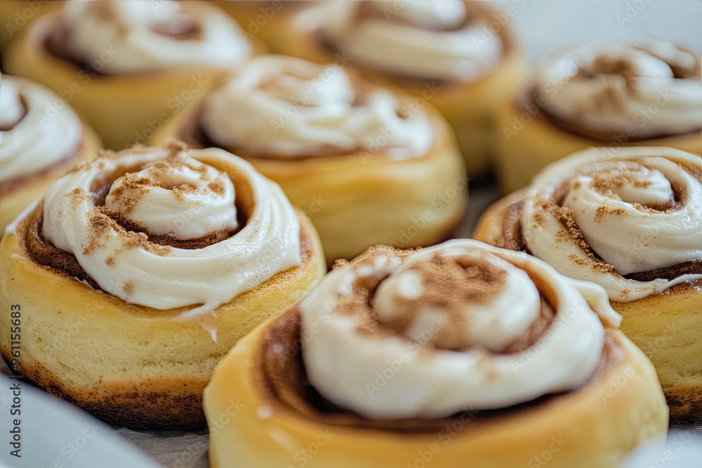 A batch of freshly baked cinnamon rolls topped with cream cheese frosting, still warm from the oven A batch of freshly baked cinnamon rolls topped with cream cheese frosting, still warm from the oven