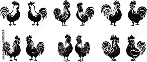 Webrooster and hen vector silhouette, flat vector Farm Animal illustration