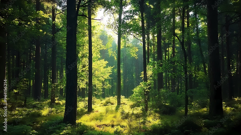 Obraz premium Lush green forest with sunlight streaming through the trees, creating a serene atmosphere.