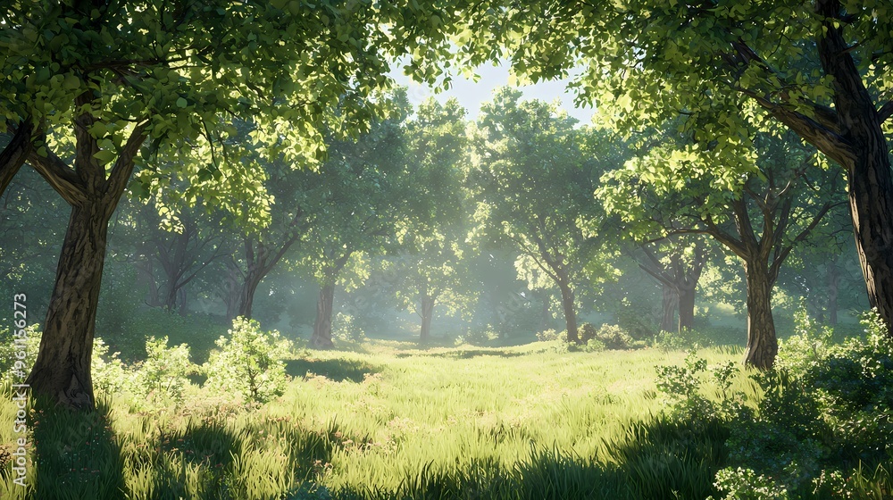 Obraz premium Serene forest landscape with lush greenery and soft morning light.