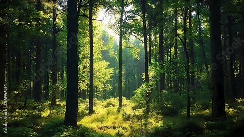 Lush green forest with sunlight streaming through the trees, creating a serene atmosphere.