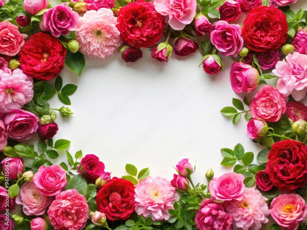A Rectangular Photo Of A Lush Border Of Pink And Red Blooming Roses Against A White Background A Rectangular Photo Of A Lush Border Of Pink And Red Blooming Roses Against A White Background
