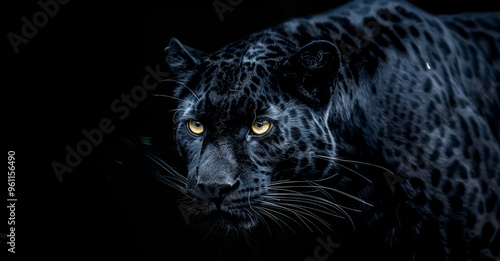 Black leopard with yellow eyes in the dark