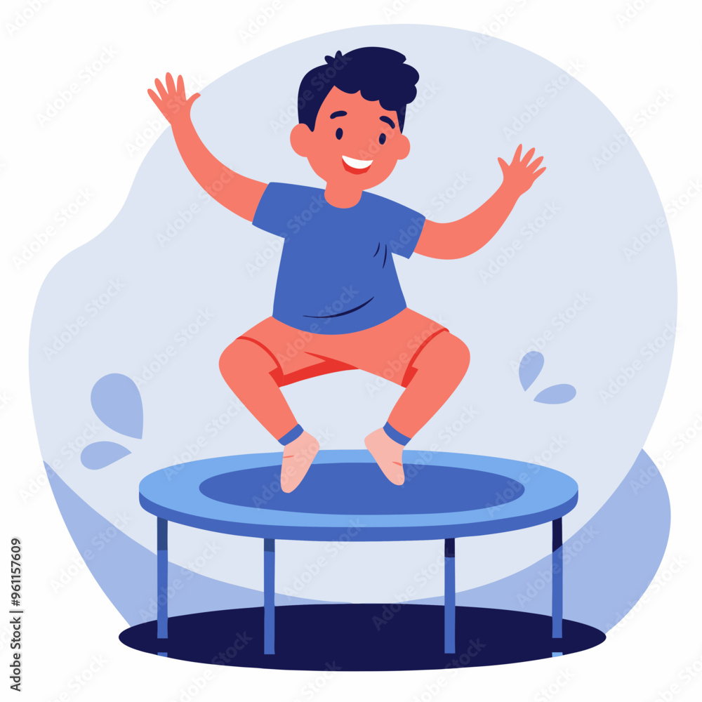 Boy jumping on trampoline in vector flat illustration Boy jumping on trampoline in vector flat illustration