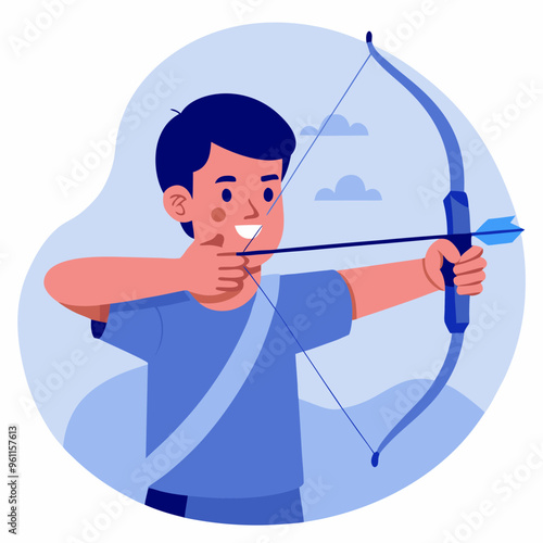 Boy practicing archery with bow and arrow in vector illustration