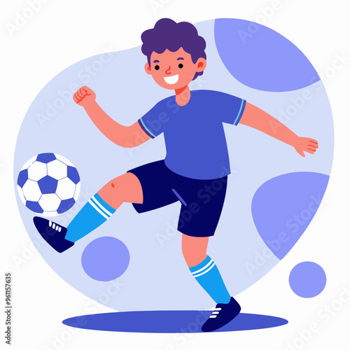 Smiling Boy Playing Soccer with Ball in Blue Sports Outfit

