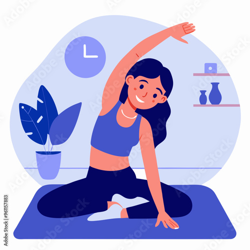Happy Woman Stretching on Mat in Home Yoga Setting

