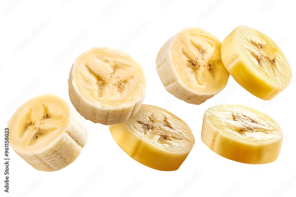 Flying banana slices, isolated on white background Flying banana slices, isolated on white background