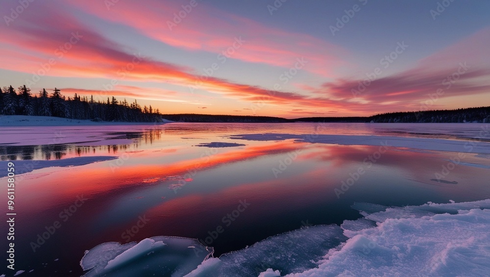A winter sunset over a frozen lake, with warm colors reflecting on the ice. A winter sunset over a frozen lake, with warm colors reflecting on the ice.