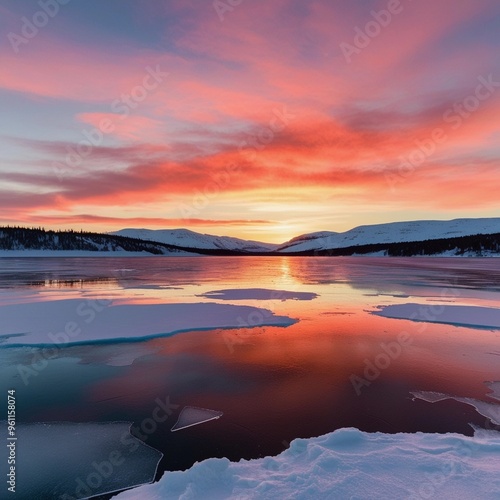 Wallpaper Mural A winter sunset over a frozen lake, with warm colors reflecting on the ice. Torontodigital.ca