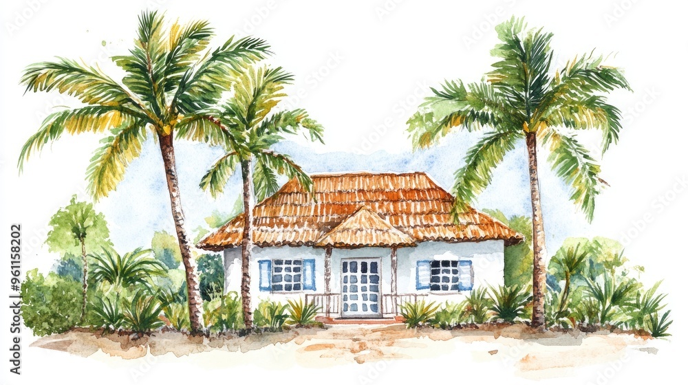 Fototapeta premium Charming Tropical Cottage Surrounded by Lush Palm Trees in a Vibrant Watercolor Style