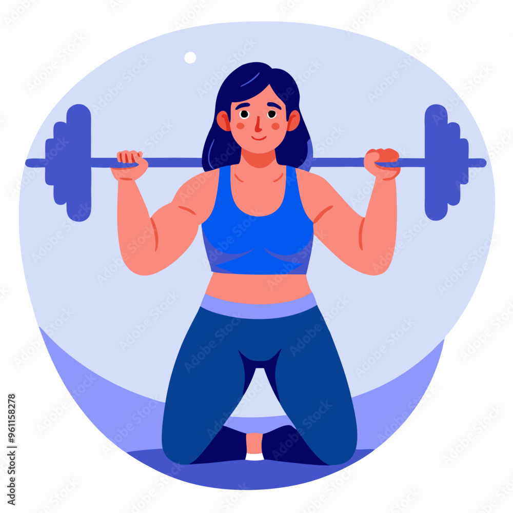 Obraz premium Determined Woman Lifting Barbell in Gym with Blue Background