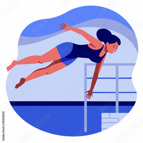 Athletic Woman Performing Parkour Move on Urban Bars with Blue Background

