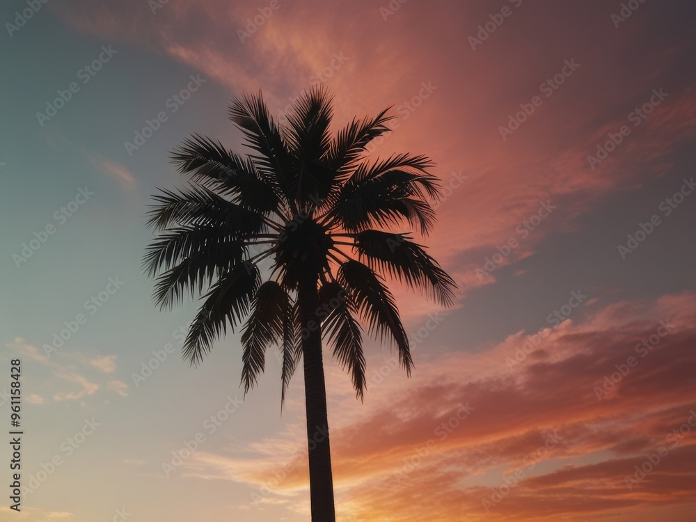Obraz premium Palm Tree Silhouette Against a Colorful Sunset Sky