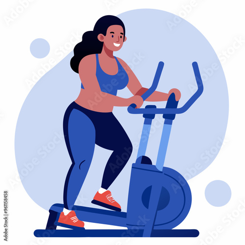 Smiling Woman on Elliptical Machine Exercising Indoors with Blue Background

