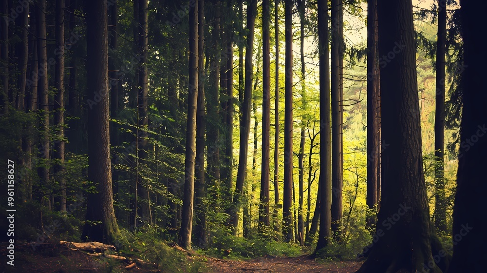 Fototapeta premium Serene forest with tall trees and soft, dappled light filtering through the leaves.