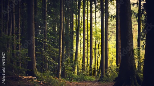 Serene forest with tall trees and soft, dappled light filtering through the leaves.